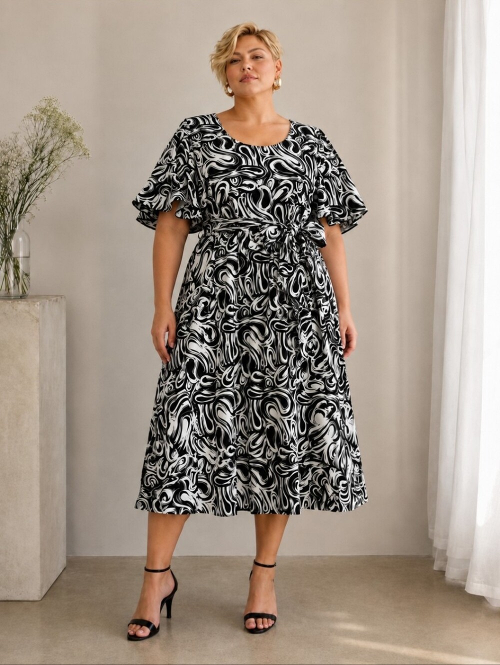 Bogner | Black & White Geometric Print Dress | Tulip Sleeves | Quiet Luxury Plus